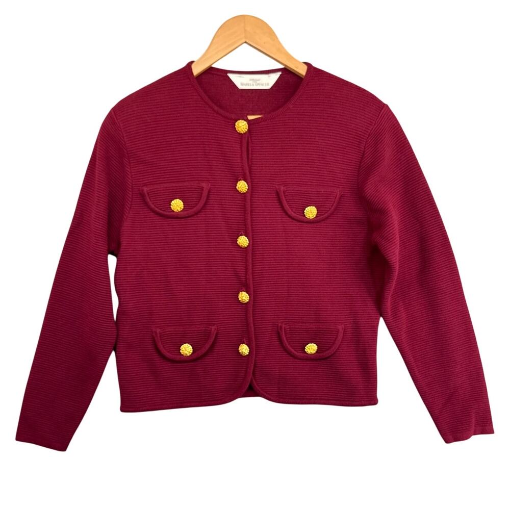 St Michael Marks & Spencer Vintage Burgundy Gold Button Cardigan Jacket Women M
